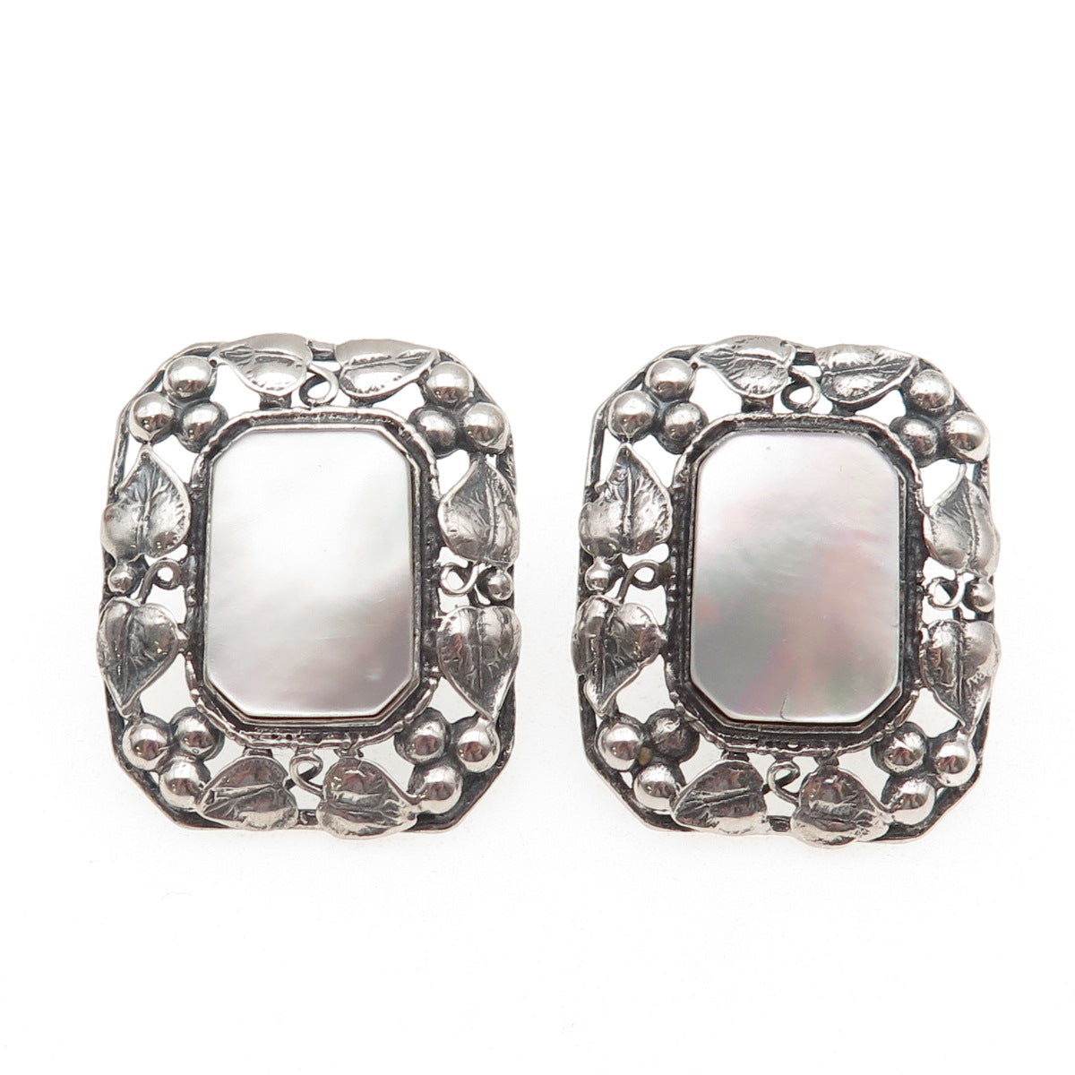 925 Sterling Silver Vintage Real MOP Floral Leaf Oxidized Earrings