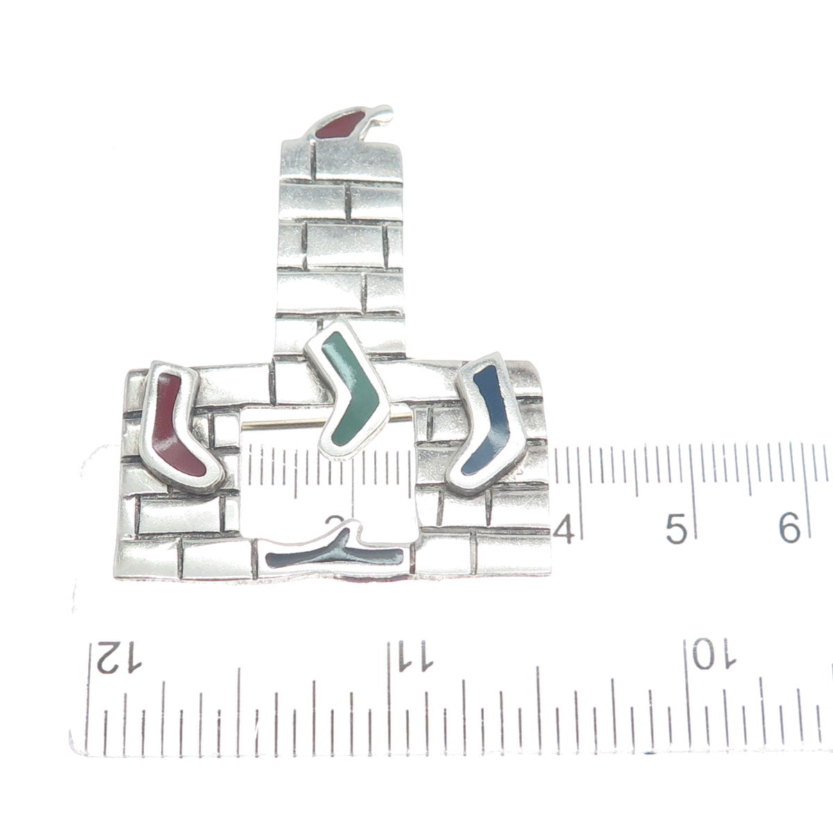 925 Sterling Silver Vintage AHD Mexico Enamel Christmas Fireplace Pin Brooch