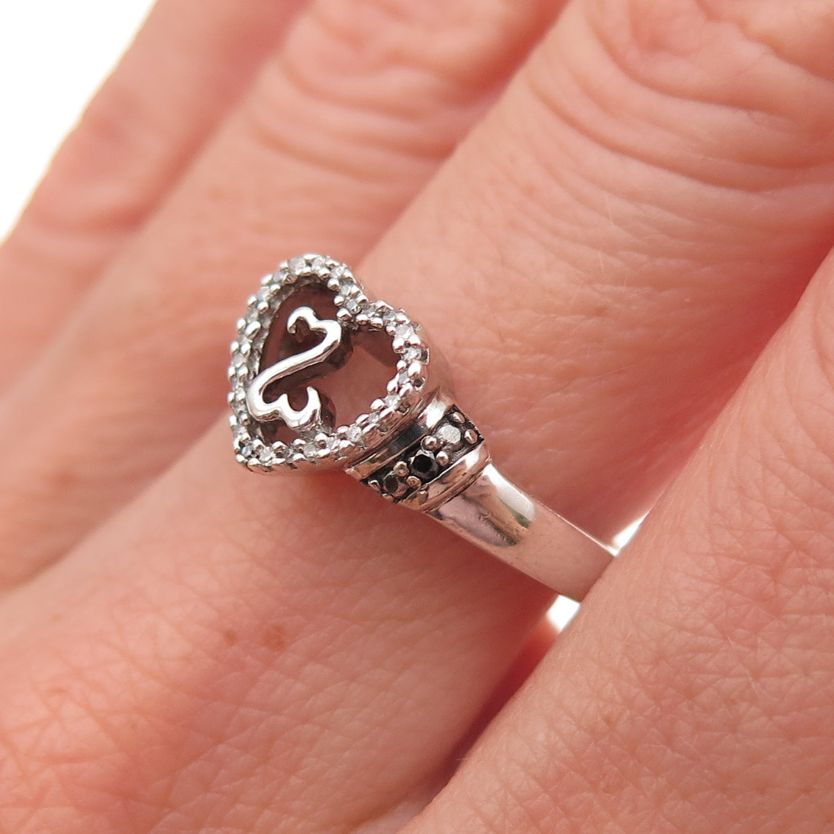 Jane Seymour 925 Sterling Silver Real Round-Cut Diamond Open Heart Ring Size 7