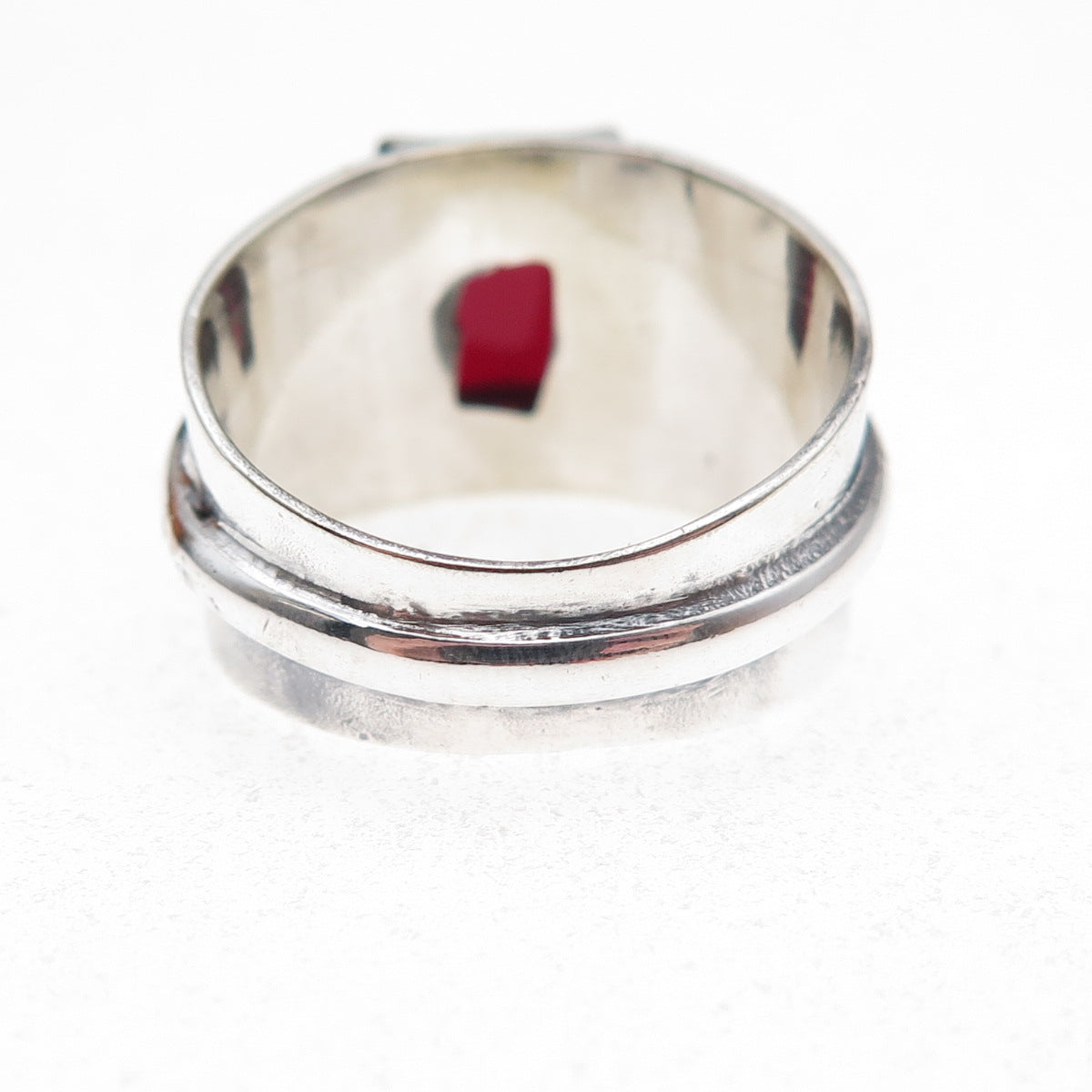 925 Sterling Silver Vintage Real Red Garnet Modernist Oxidized Ring Size 8.75
