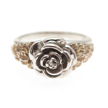Franklin Mint 925 Sterling 2-Tone Vintage Real Diamond Accent Rose Ring Size 9.5
