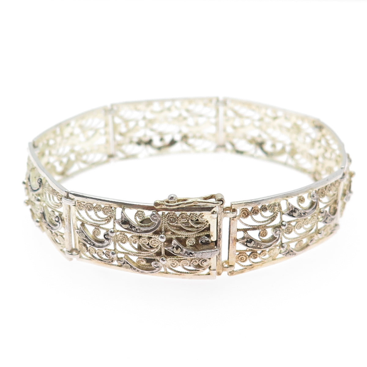 800 Silver Gold Plated Antique Art Deco Real Marcasite Filigree Bracelet 7.25"