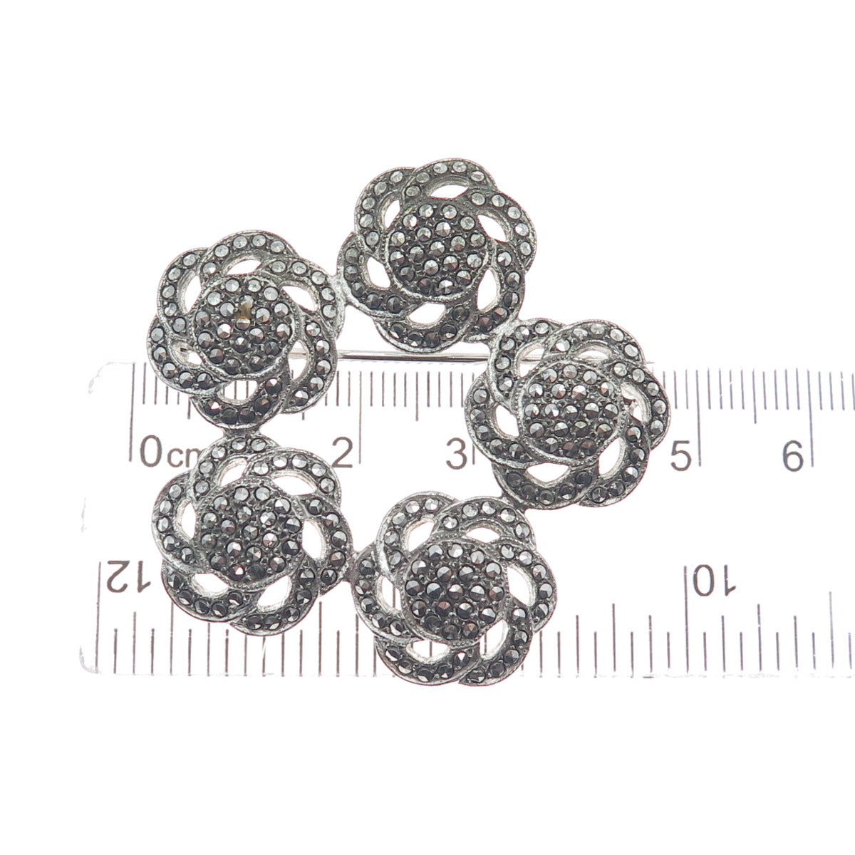 925 Sterling Silver Antique Art Deco Real Marcasite Flower Oxidized Pin Brooch