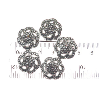 925 Sterling Silver Antique Art Deco Real Marcasite Flower Oxidized Pin Brooch