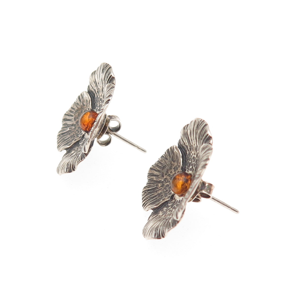 925 Sterling Silver Vintage Real Amber Modernist Flower Oxidized Earrings