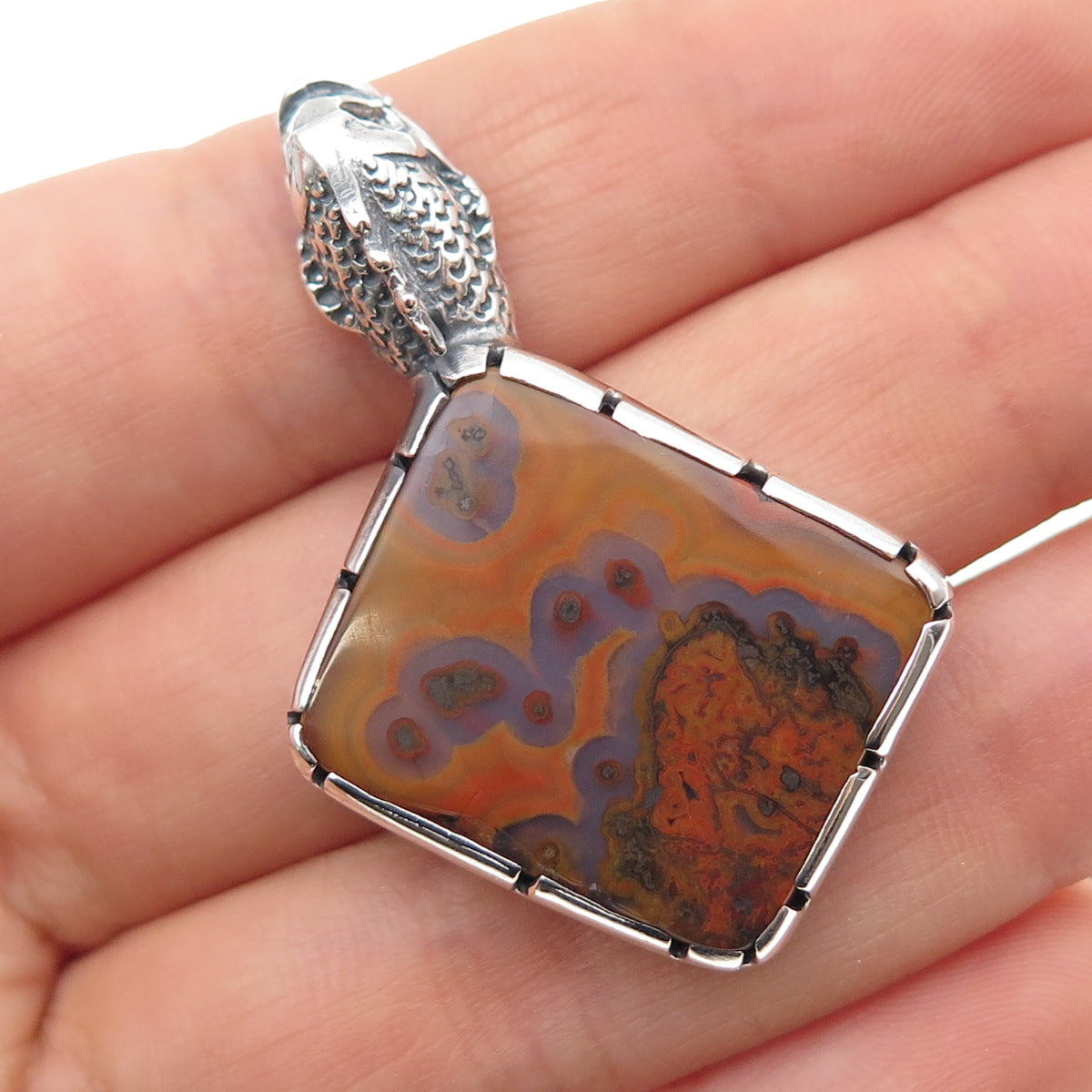 925 Sterling Silver Vintage Real Crazy Lace Agate Dragon Oxidized Slide Pendant