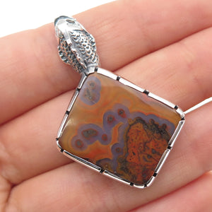 925 Sterling Silver Vintage Real Crazy Lace Agate Dragon Oxidized Slide Pendant