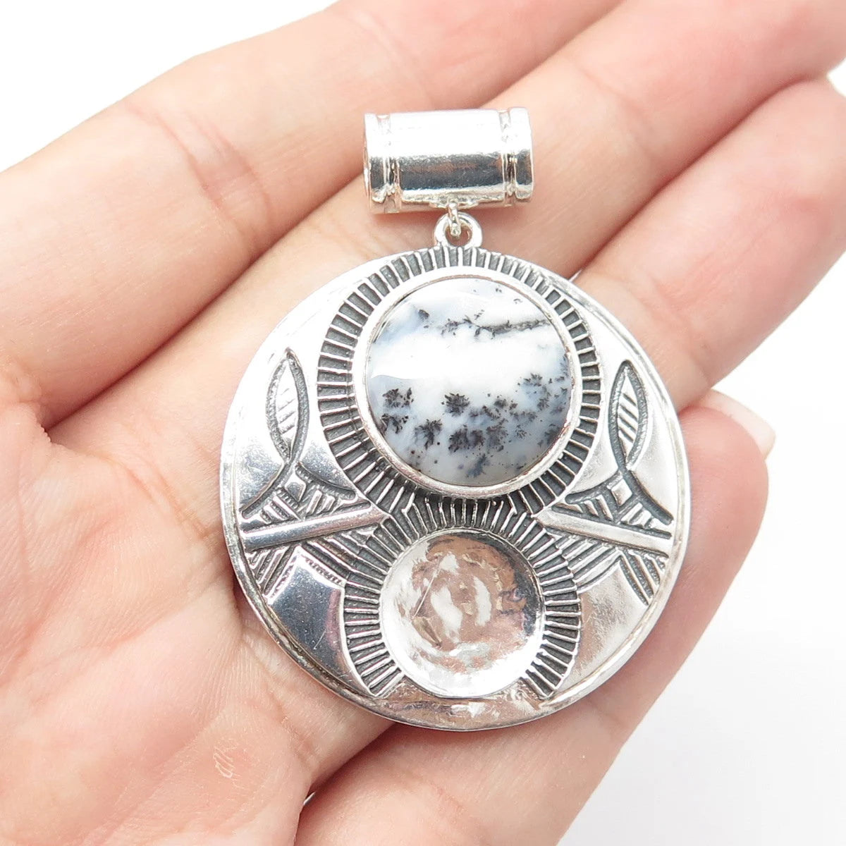 925 Sterling Silver Vintage Real Agate Gemstone Ethnic Slide Pendant