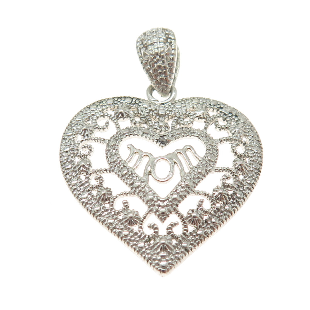 MICHAEL ANTHONY 925 Sterling Silver Diamond Accent "Mom" Heart Ornate Pendant