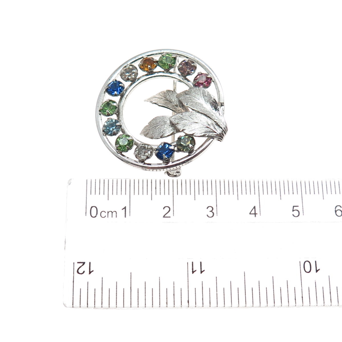925 Sterling Silver Antique Art Deco Multi-Color Rhinestone Floral Pin Brooch