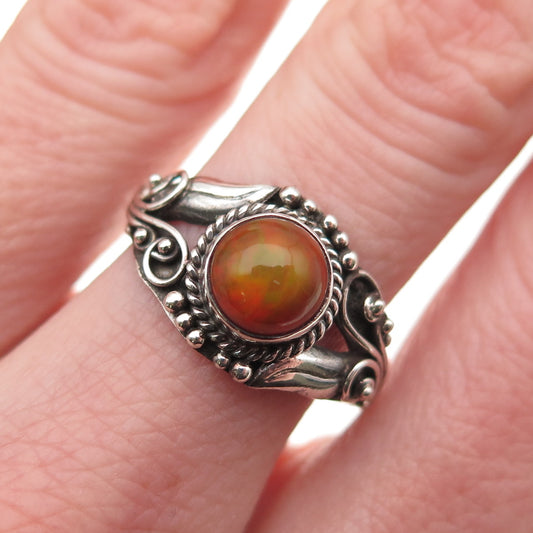 925 Sterling Silver Vintage Real Opal Modernist Floral Oxidized Ring Size 7.5