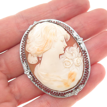 925 Sterling Silver Antique Art Deco Real MOP Lady Cameo Pin Brooch / Pendant