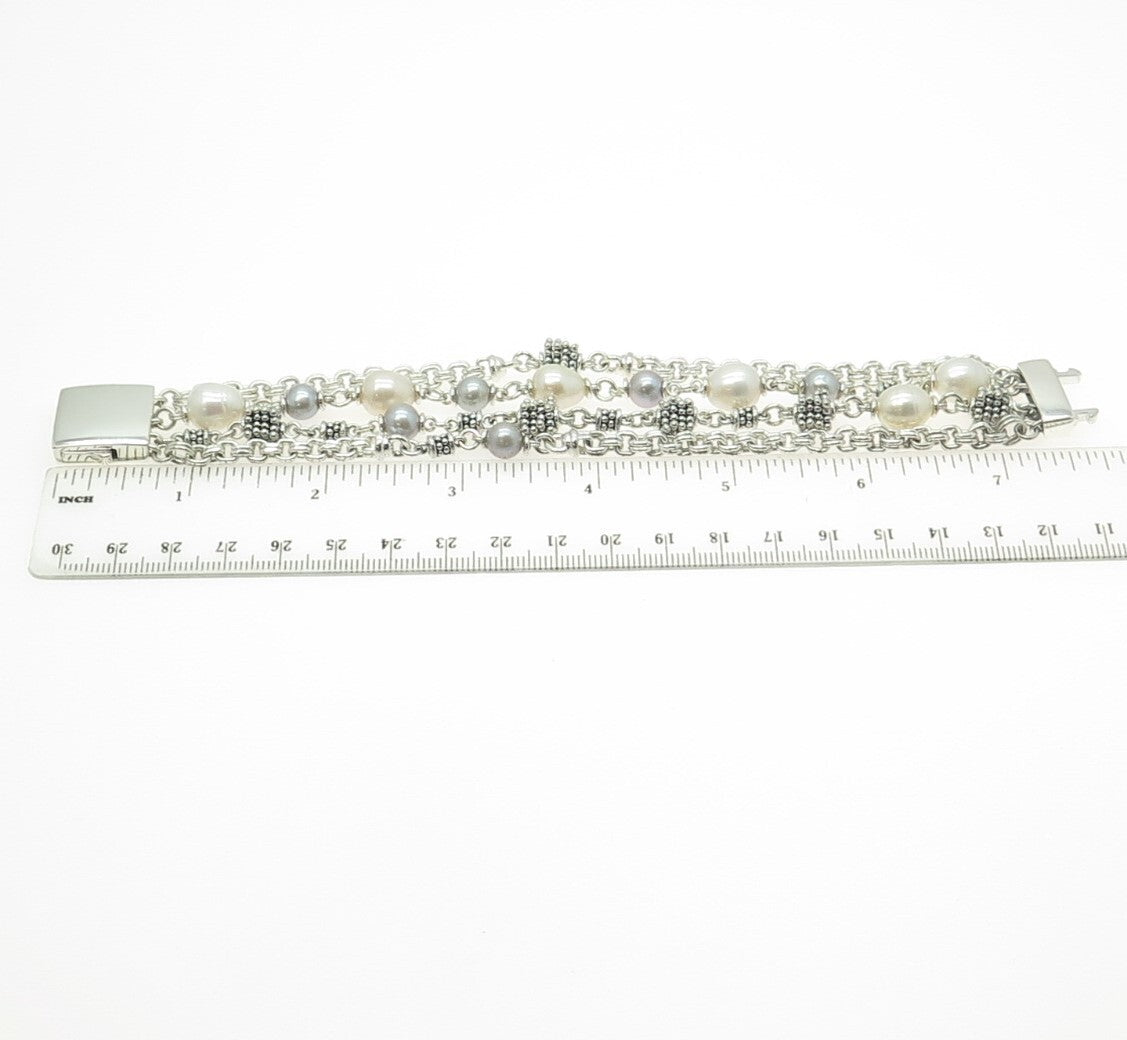 MICHAEL DAWKINS Sterling Silver Vintage Real Pearl 4-Row Solid 74.1g Bracelet 7"