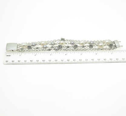 MICHAEL DAWKINS Sterling Silver Vintage Real Pearl 4-Row Solid 74.1g Bracelet 7"