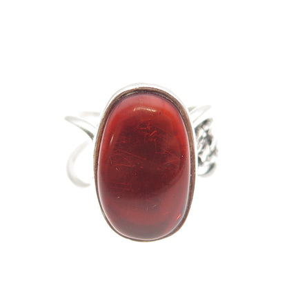 925 Sterling Silver Vintage Real Amber Modernist Oxidized Ring Size 6.5