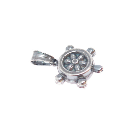 925 Sterling Silver Vintage Italy Helm Ship Wheel Oxidized Mini Charm Pendant