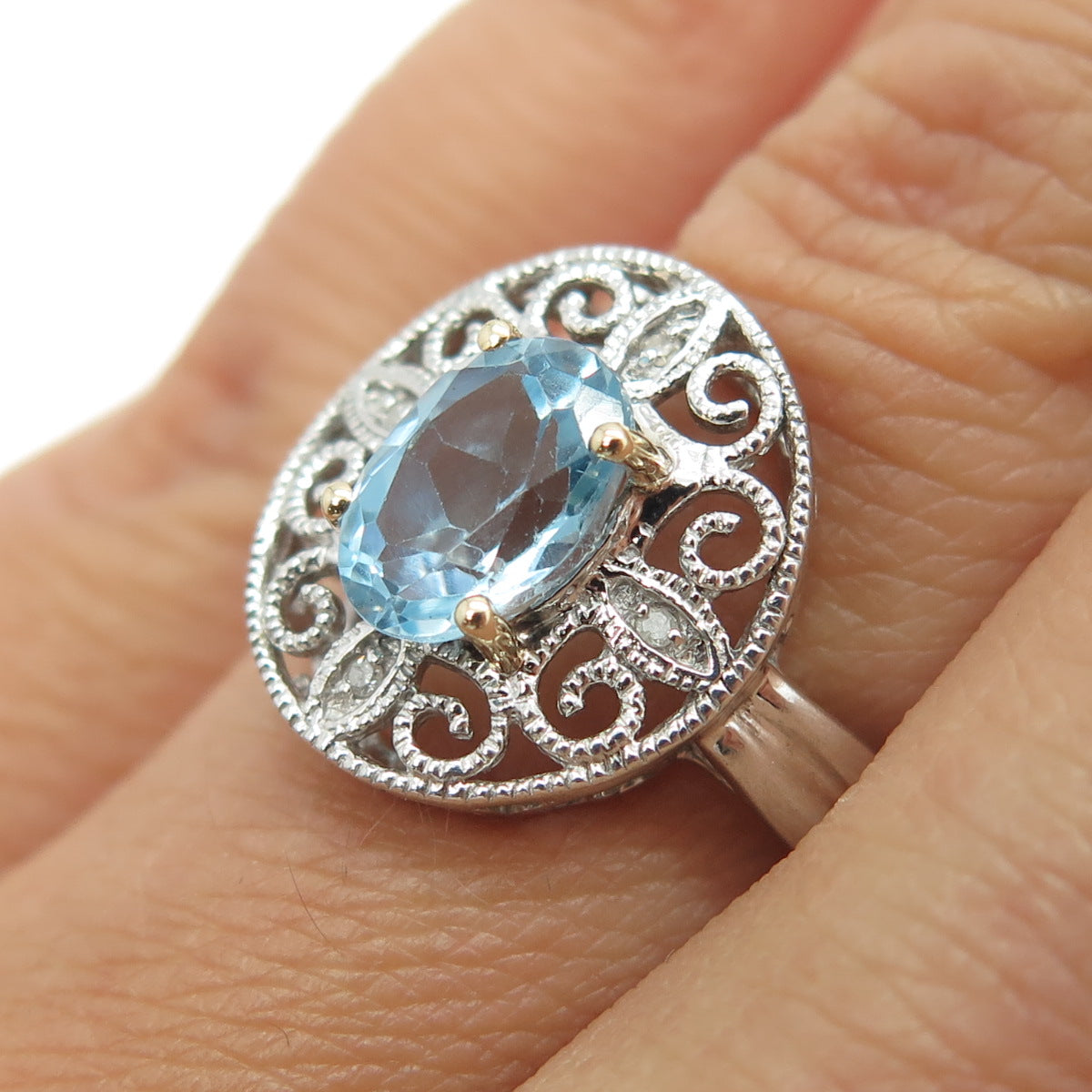 14K Yellow Gold & Sterling Silver Real Diamond & Blue Topaz Floral Ring Size 6