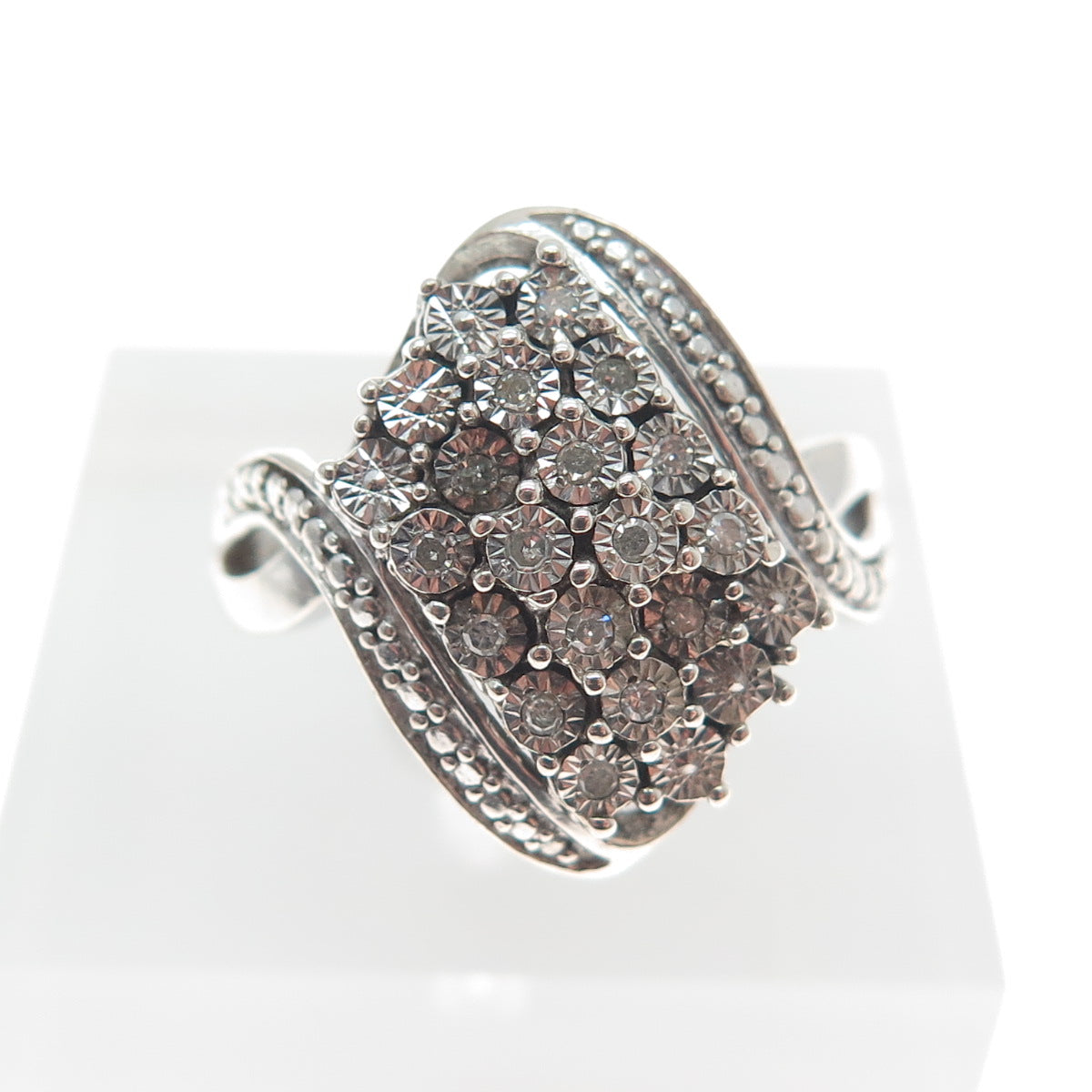 925 Sterling Silver Real Round-Cut Diamond Bohemian Ring Size 8.75