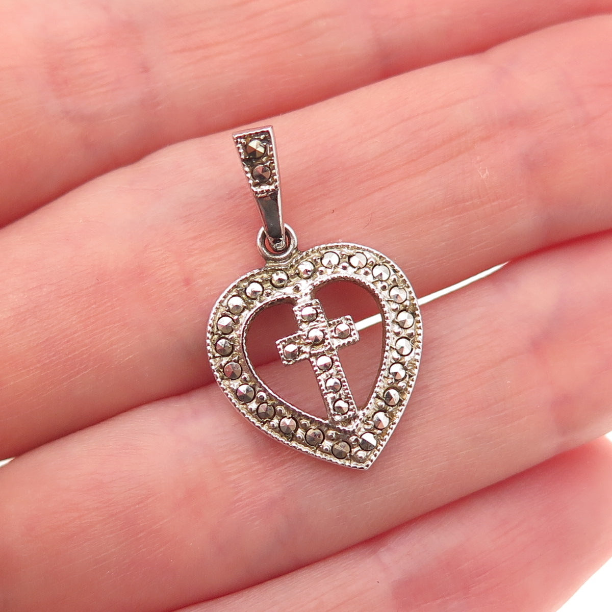 Theda Sterling Silver Antique Art Deco Real Marcasite Cross Heart Charm Pendant