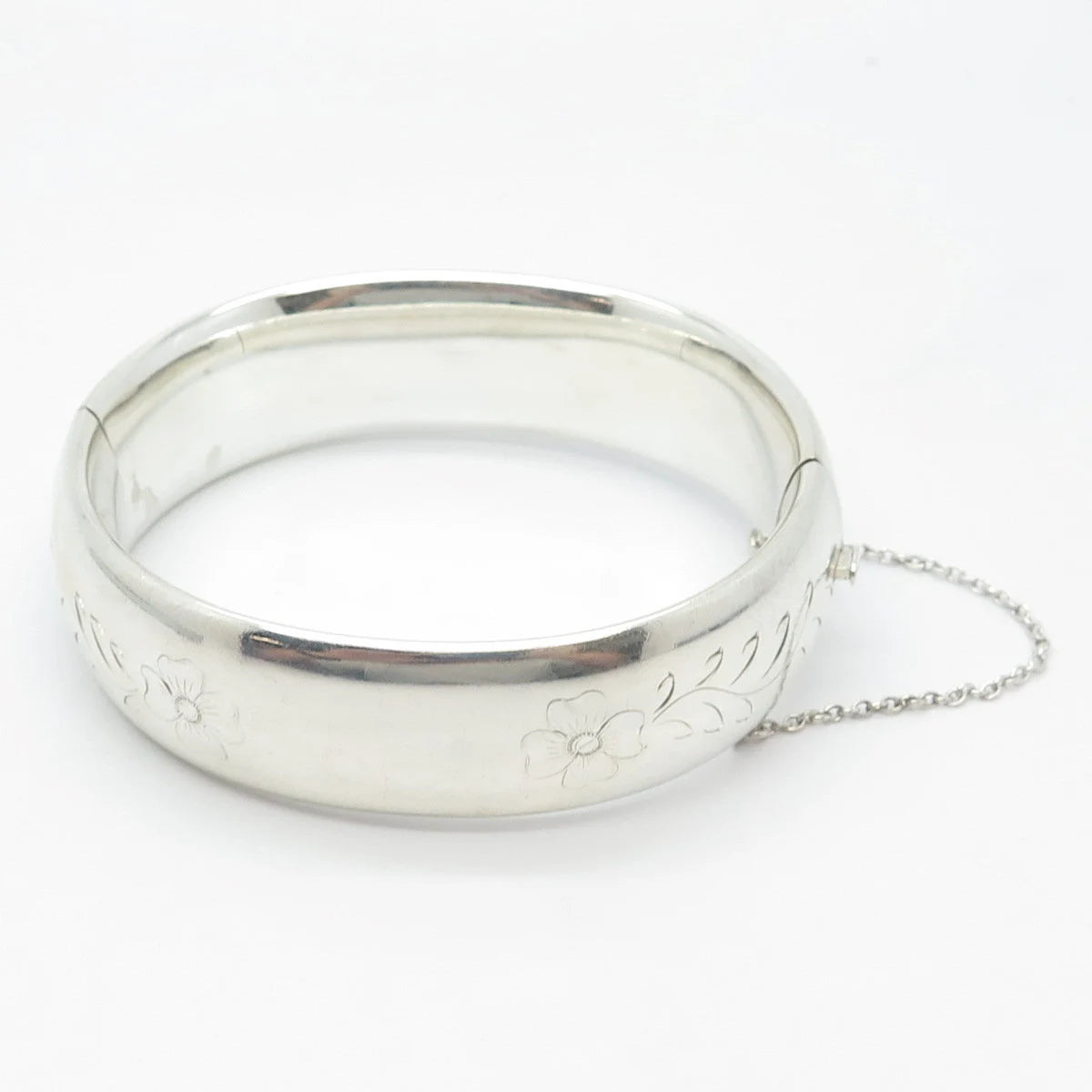 925 Sterling Silver Vintage Etched Floral Hinged Bangle Bracelet 7.5"