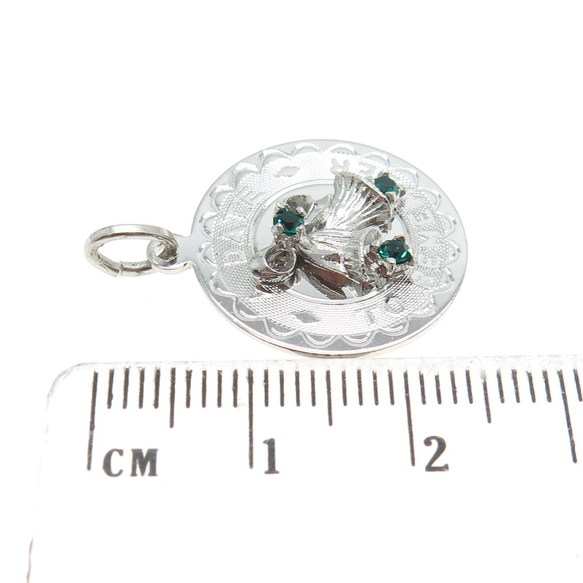925 Sterling Silver Vintage Green Rhinestone "A Date to Remember" Bells Pendant