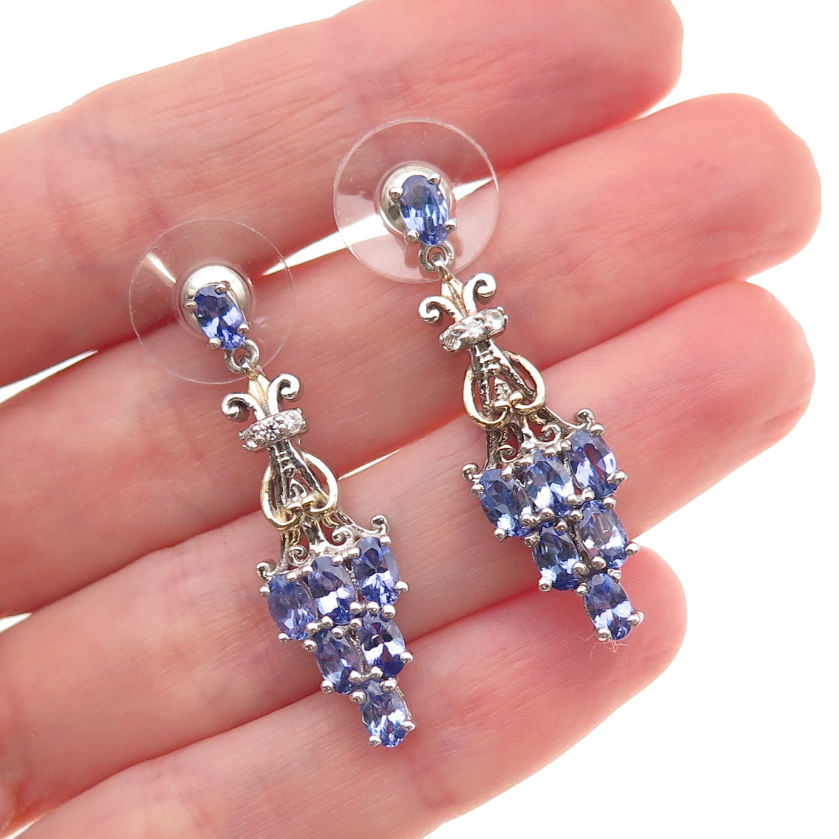 Chuck Clemency 925 Sterling Silver Real Tanzanite & White Topaz Dangle Earrings