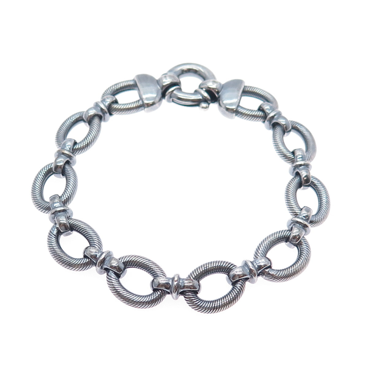 925 Sterling Silver Vintage Modernist Oxidized Oval Link Bracelet 7.5"