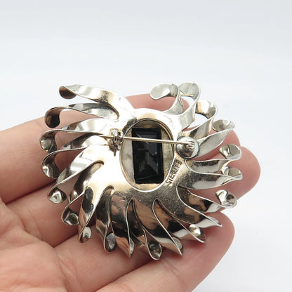 925 Sterling Silver Vintage Green Glass Modernist Pin Brooch