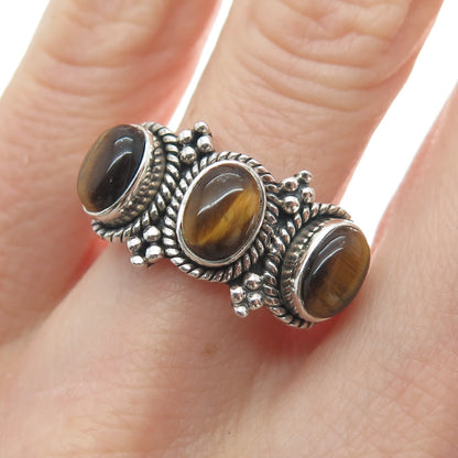 DOUG PAULUS 925 Sterling Silver Vintage Real Tiger Eye Beaded Ring Size 10.25
