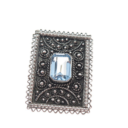 925 Sterling Silver Vintage Jerusalem Israel Real Blue Topaz Oxidized Pin Brooch