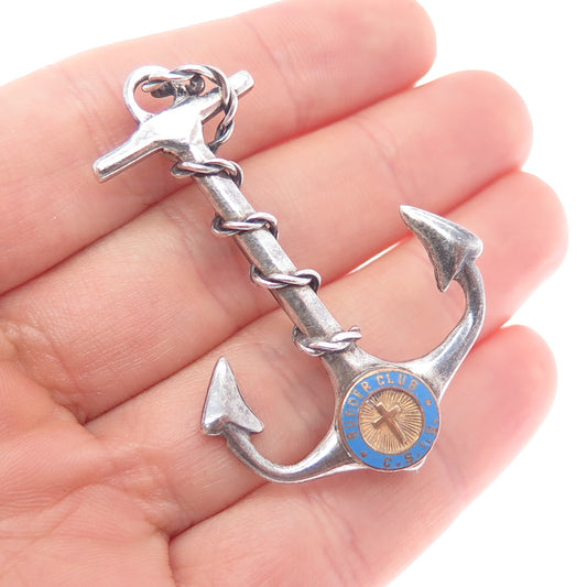 925 Sterling Silver Antique Art Deco Enamel Rudder Club Anchor Oxidized Brooch