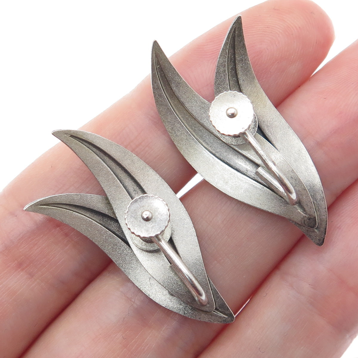 925 Sterling Silver Vintage Germany Modernist Floral Leaf Screw Back Earrings