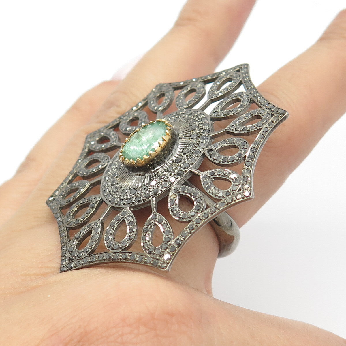 925 Sterling Silver Vintage Black Diamond & Green Tourmaline Gem Ring Size 7.75
