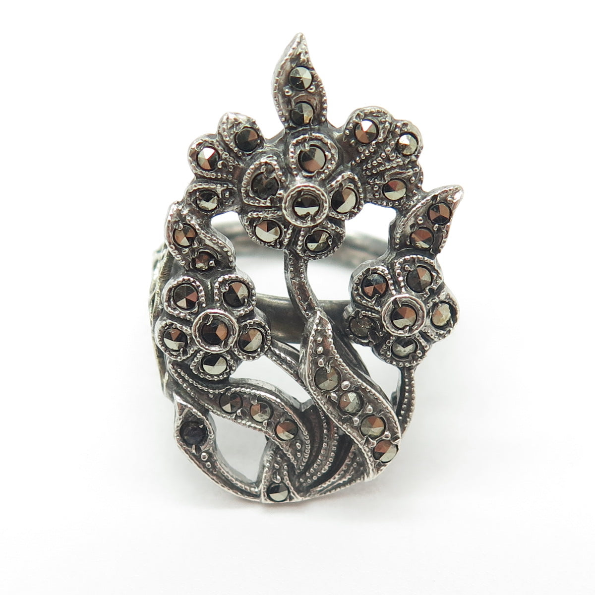 925 Sterling Silver Antique Art Deco Real Marcasite Flower Ring Size 7.75