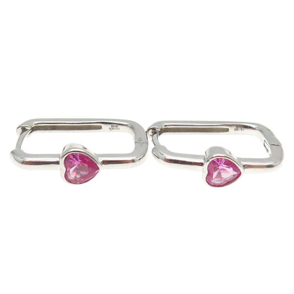 925 Sterling Silver Lab-Created Pink Sapphire Heart Paperclip Hoop Earrings