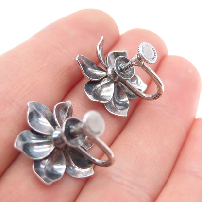 925 Sterling Silver Antique Art Deco Flower Oxidized Screw Back Earrings