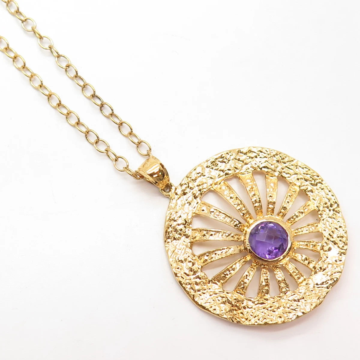 925 Sterling Silver Gold Plated Vintage Amethyst Gem Rolo Chain Necklace 20"