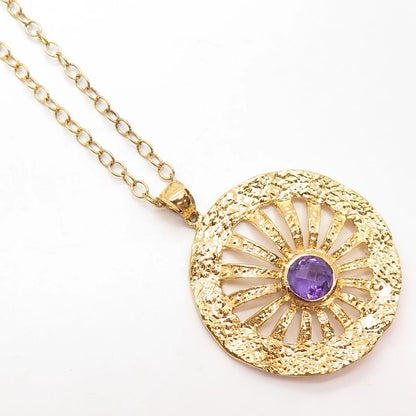 925 Sterling Silver Gold Plated Vintage Amethyst Gem Rolo Chain Necklace 20"