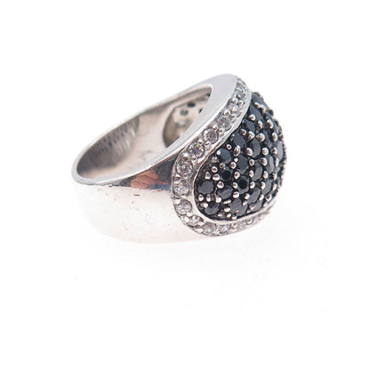 925 Sterling Silver Real Round-Cut Black Spinel & C Z Dome Ring Size 6