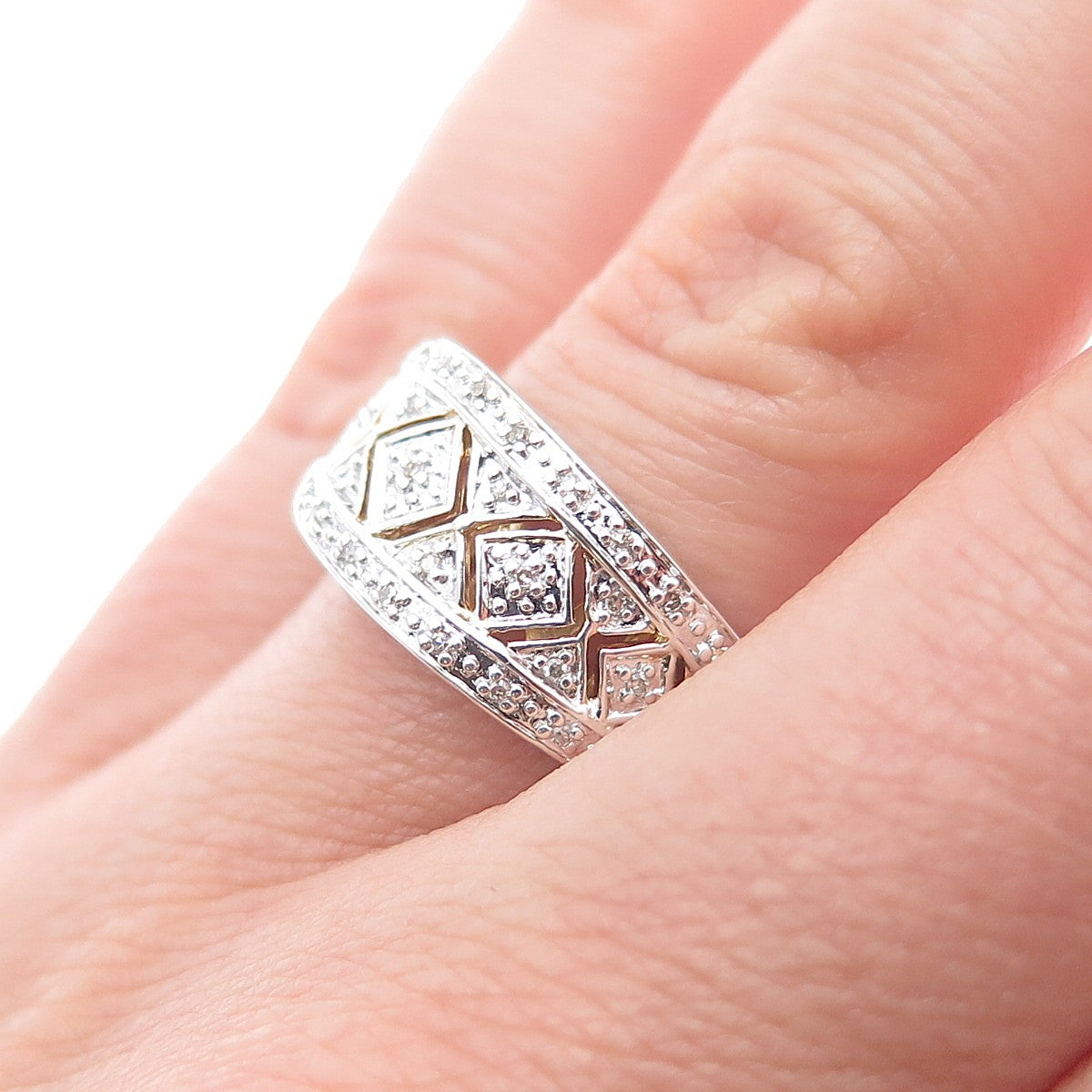 SUN 925 Sterling Silver Real Round-Cut Diamond Mom Ring Size 7