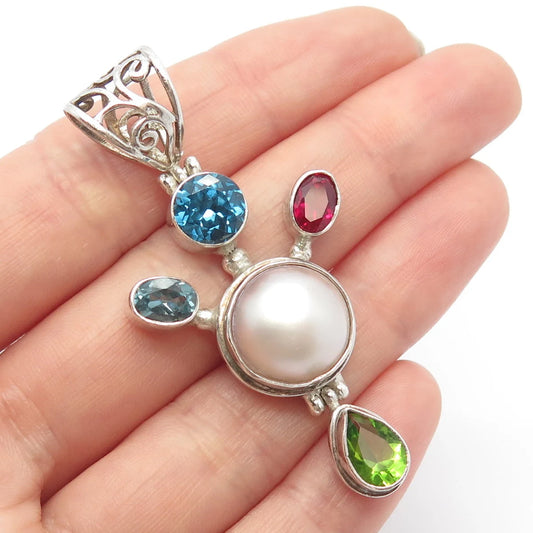 925 Sterling Silver Vintage Real MOP & Multi-Color Gem Ornate Pendant