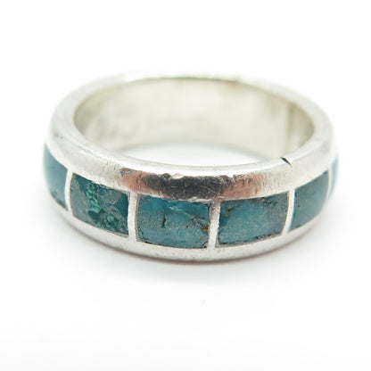 Old Pawn Sterling Silver Southwestern Real Turquoise Wedding Band Ring Size 5.5