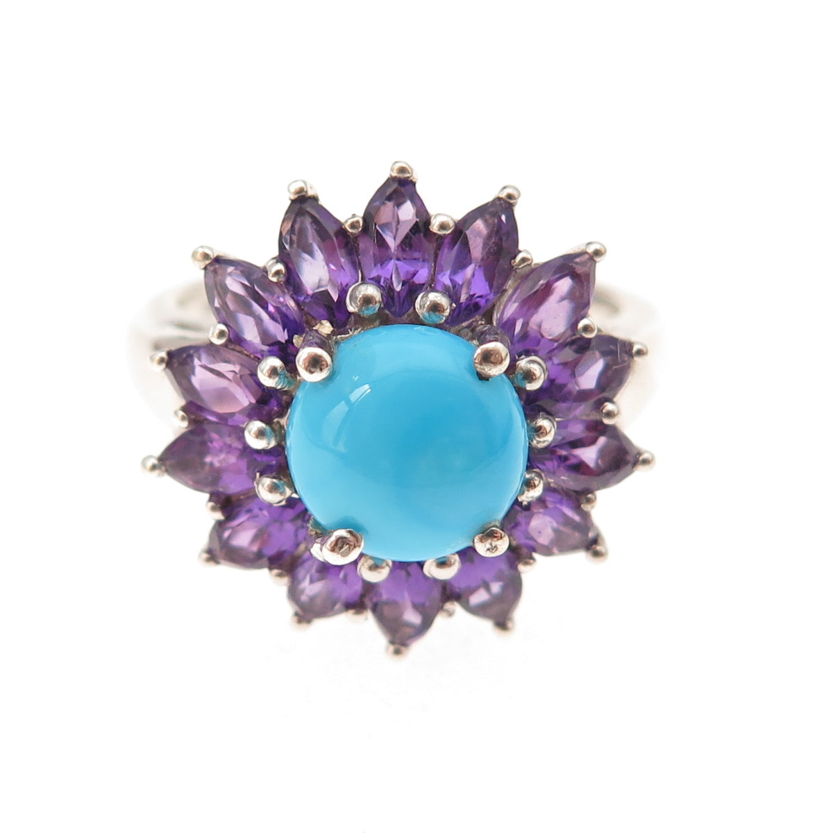 Chuck Clemency 925 Sterling Silver Real Turquoise & Amethyst Floral Ring Size 8
