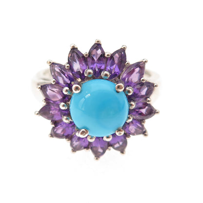 Chuck Clemency 925 Sterling Silver Real Turquoise & Amethyst Floral Ring Size 8