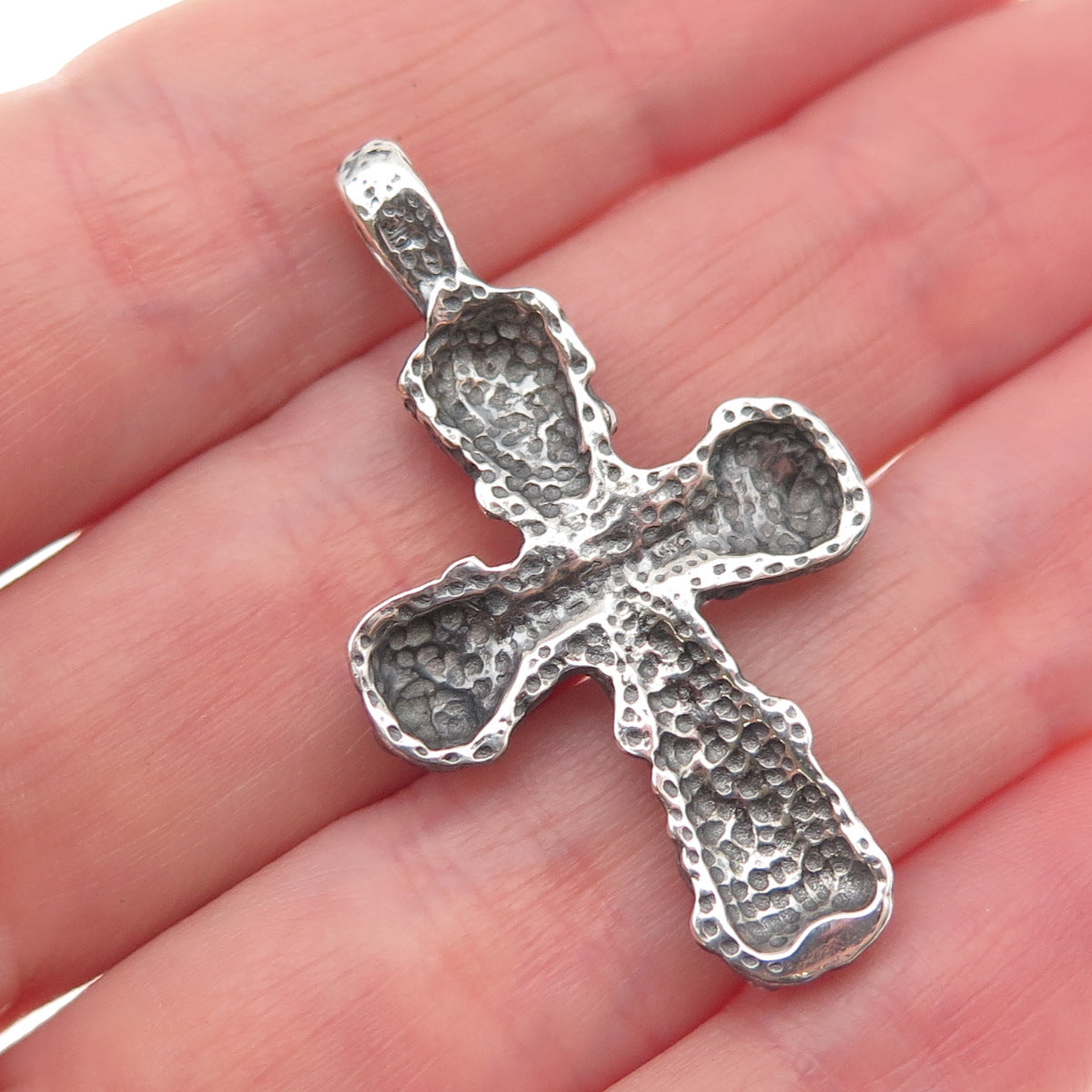 925 Sterling Silver Vintage Modernist Nugget Cross Oxidized Pendant