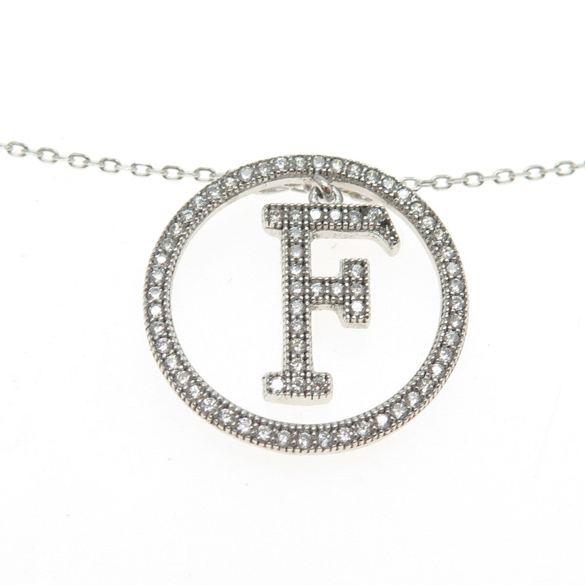 925 Sterling Silver Pave C Z Letter "F" Initial Cable Chain Necklace 16-18"