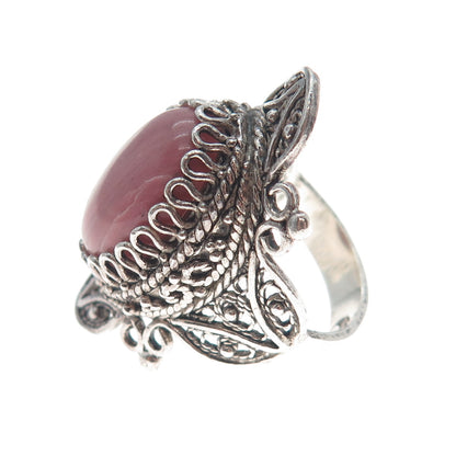 925 Sterling Silver Vintage Real Rhodochrosite Filigree Ring Size 9.25