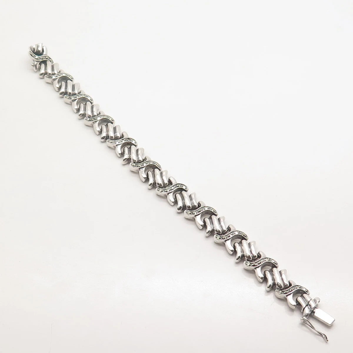925 Sterling Silver Antique Real Marcasite Gem "X" Link Bracelet 7.25"