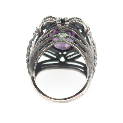 925 Sterling Silver Vintage Lab-Created Peacock Sapphire Oxidized Ring Size 7.5