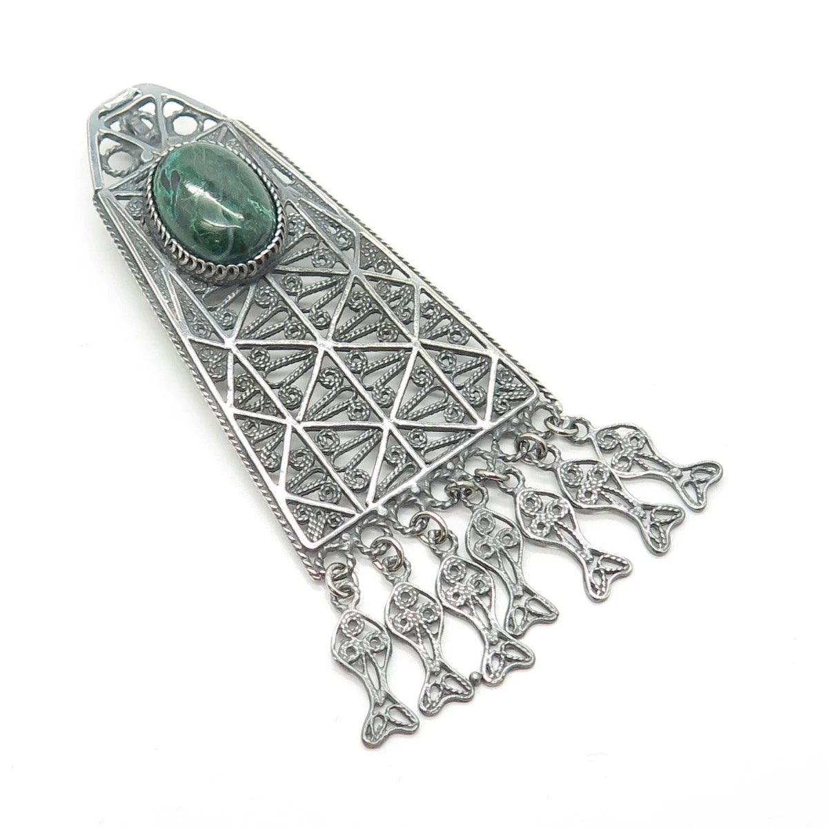 925 Sterling Silver Vintage Real Chrysocolla Gem Filigree Ethnic Slide Pendant